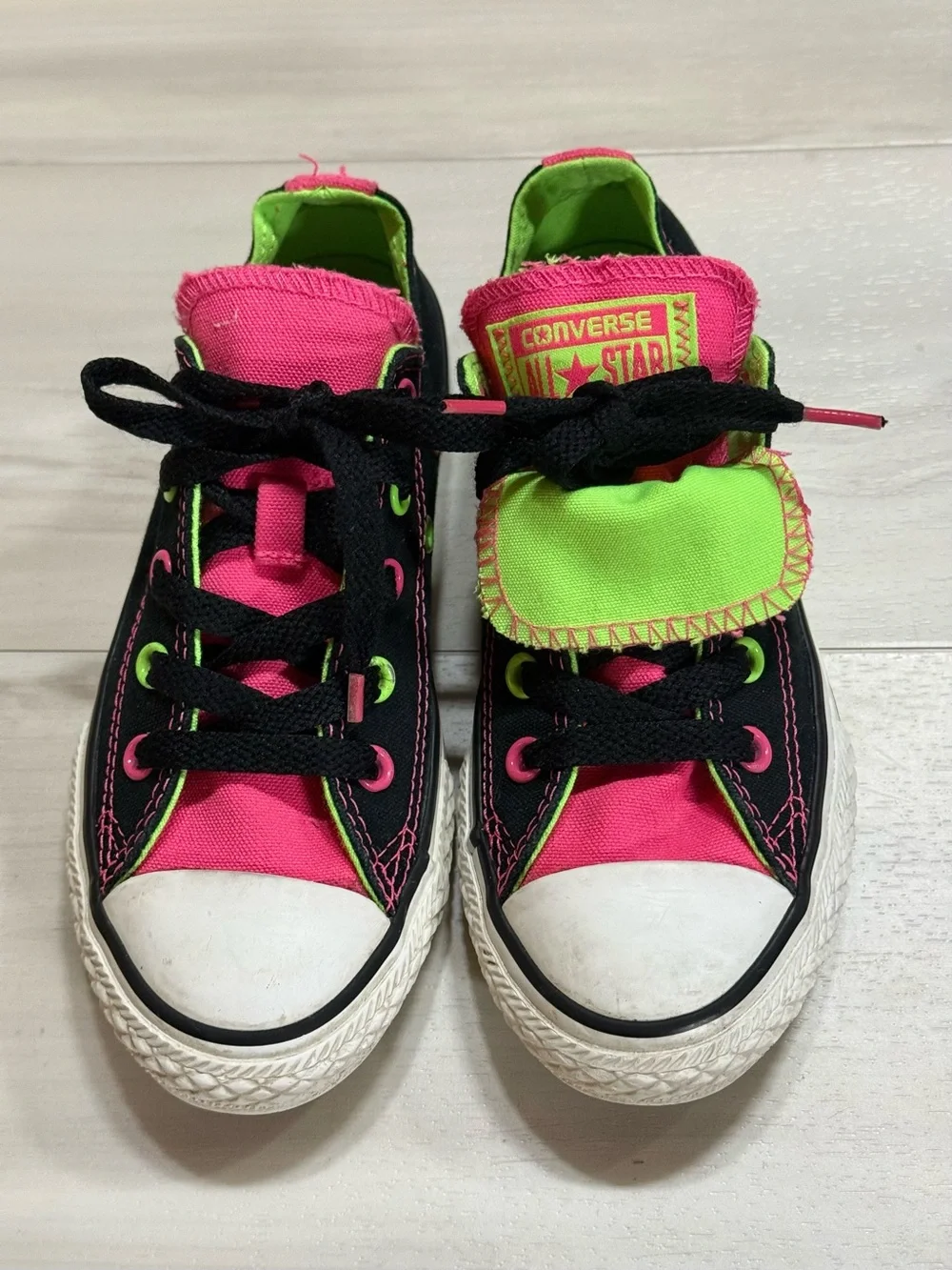 Kids Black Converse Sneakers with Pink and Green Accents size 13